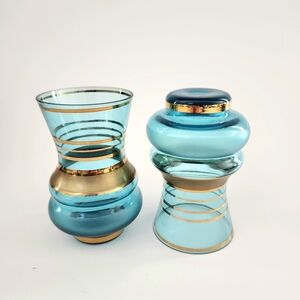 Set of 4 Vintage Elegant Blue and Gold Glass Set